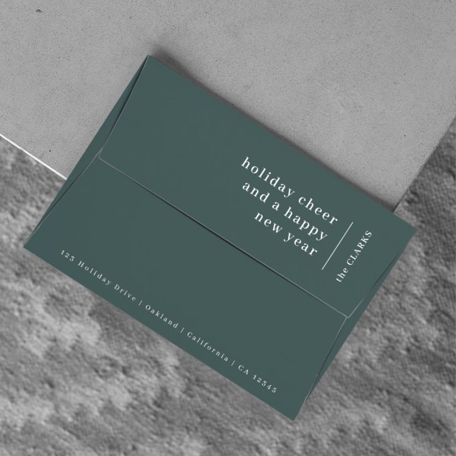 Holiday Card Envelopes | Modern Green Christmas (Modern forest green “Holiday Cheer” Scandi-style envelope by Guava 💌)