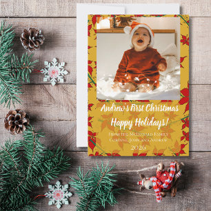 Holiday card floral gold baby's first Christmas