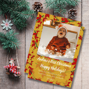 Holiday card floral gold baby's first Christmas