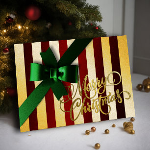 Holiday Card Green Bow Red and Gold Stripe