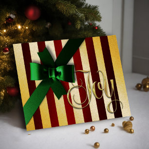 Holiday Card Green Bow Red and Gold Stripe Joy
