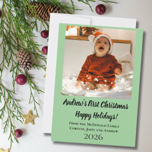 Holiday card minimal baby's first Christmas green