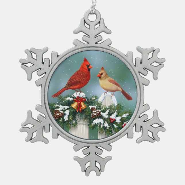 Holiday Cardinals & Christmas Garland Snowflake Pewter Christmas Ornament (Front)
