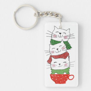 Holiday Cats Cup Scarves Cartoon Cute Key Ring