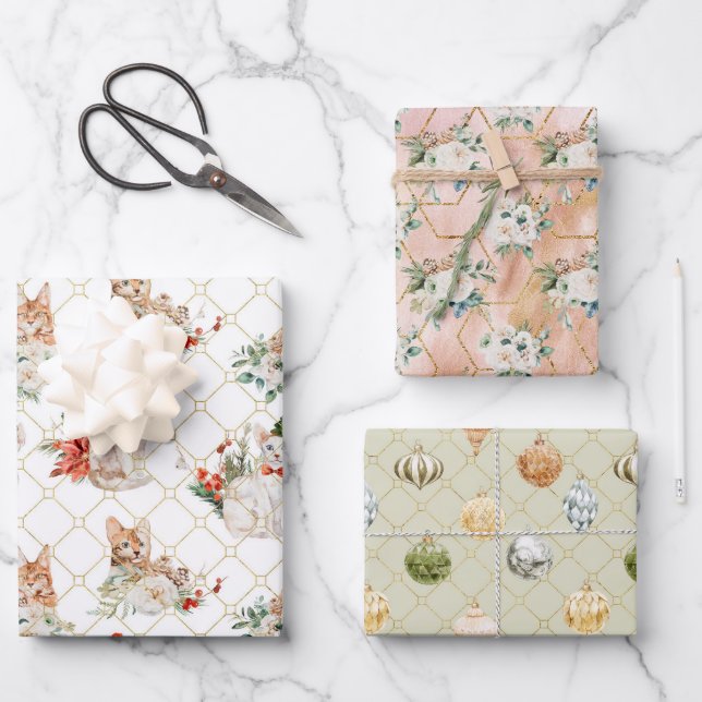 Holiday Cats Gold Geometric Floral Ornaments Wrapping Paper Sheet (Front)