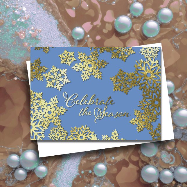 Holiday Celebrate Season Gold Snowflake Blue Invitation (Creator Uploaded)