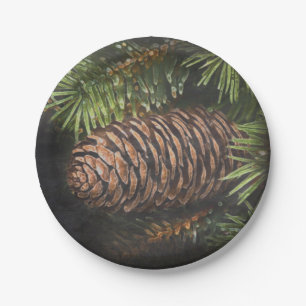 Holiday Chalk Drawn Pinecone and Pine Needles Paper Plate