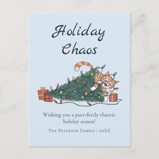 Holiday Chaos Funny Cat Christmas Postcard (Front)