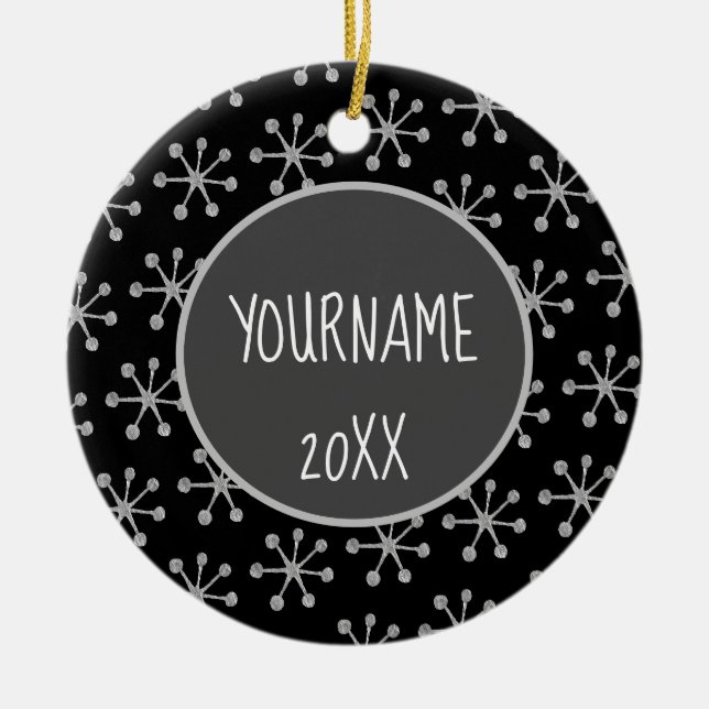 Holiday Cheer Black Grey Snowflake Ceramic Tree Decoration (Front)