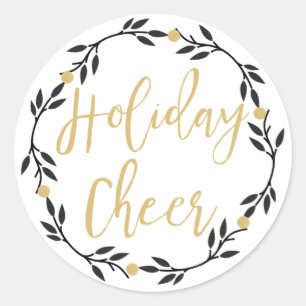 Holiday Cheer Black Wreath with Gold Berries, Classic Round Sticker