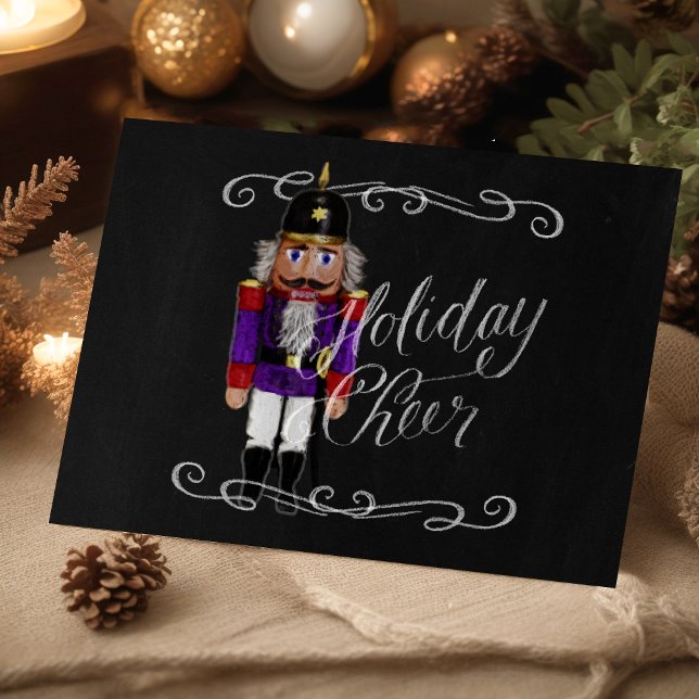 Holiday Cheer Chalkboard Purple and Red Nutcracker Card (Creator Uploaded)