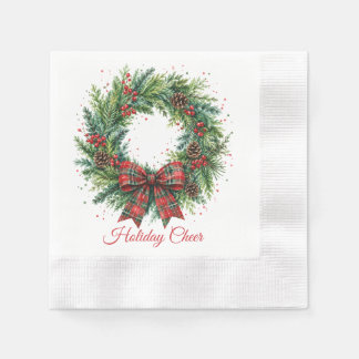 Holiday Cheer Holly & Plaid Wreath Christmas Napkin