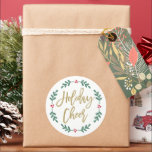Holiday Cheer Modern Gold Script Christmas Wreath Classic Round Sticker<br><div class="desc">Festive round holiday stickers feature modern antique gold "Holiday Cheer" script text framed by a Christmas wreath of green leaves and red berry foliage.</div>