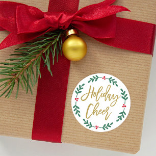Holiday Cheer Modern Gold Script Wreath Classic Round Sticker