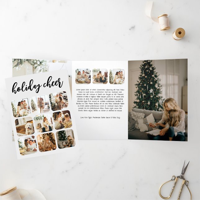Holiday Cheer Photo Christmas Personalised Tri-Fold Card (Holiday Cheer Photo Christmas Personalized Tri-Fold Cards from Ricaso. Add 16 photographs and text)