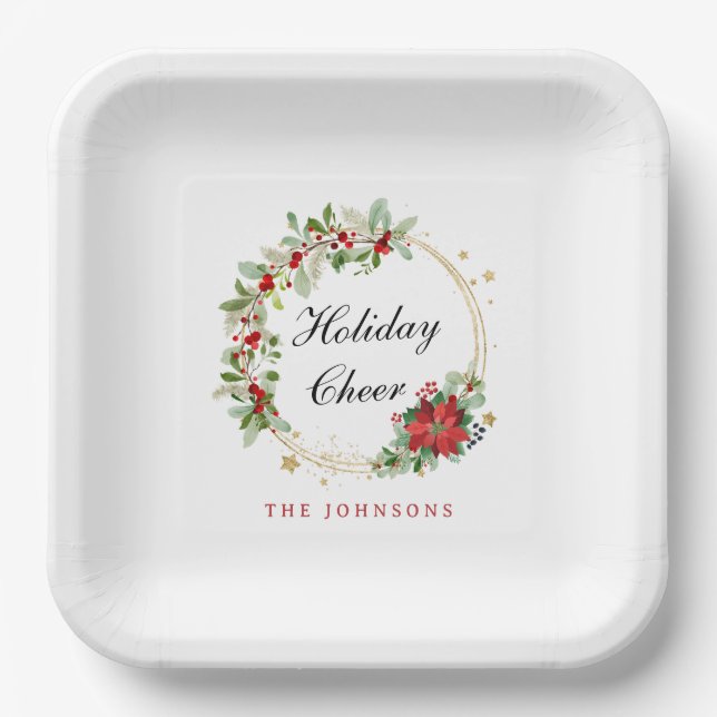 Holiday Cheer Poinsettia Wreath Gold Personalized Paper Plate (Front)