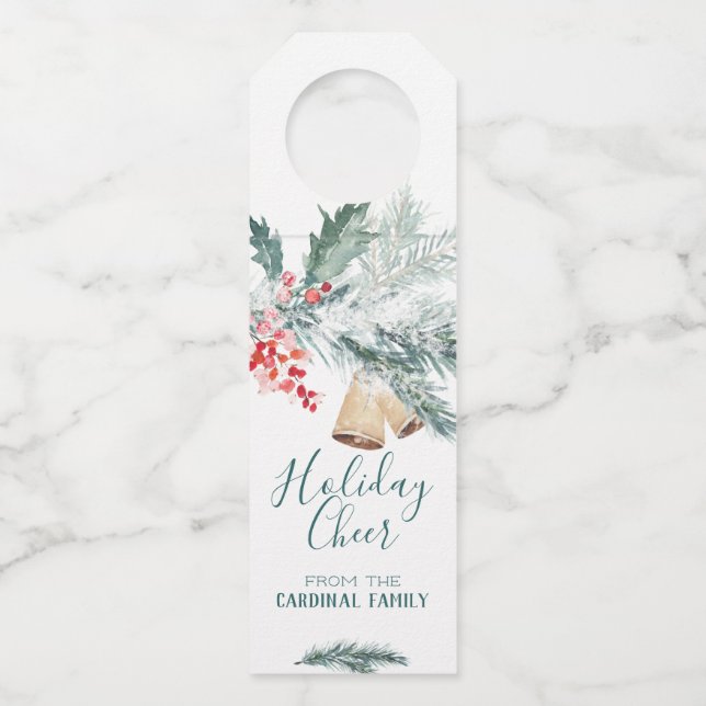 Holiday Cheer Red Holly & Rustic Bells Bottle Tag (Front)