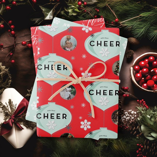 Holiday Cheer Retro Ornament Family Name Christmas Wrapping Paper Sheet (Creator Uploaded)