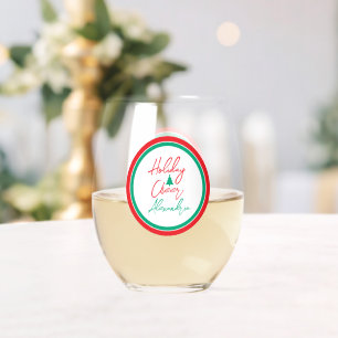 Holiday Cheer Script Christmas Tree Party Favor Stemless Wine Glass