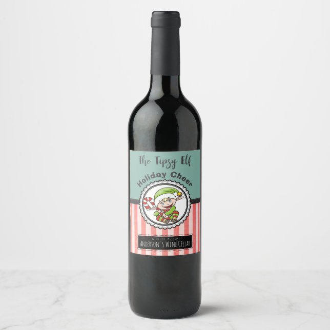 Holiday Cheer with a Christmas Elf Illustration Wine Label (Front)