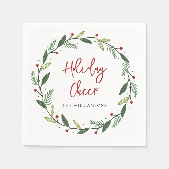 Holiday Cheer Wreath Handwritten Script Paper Napkin (Front)