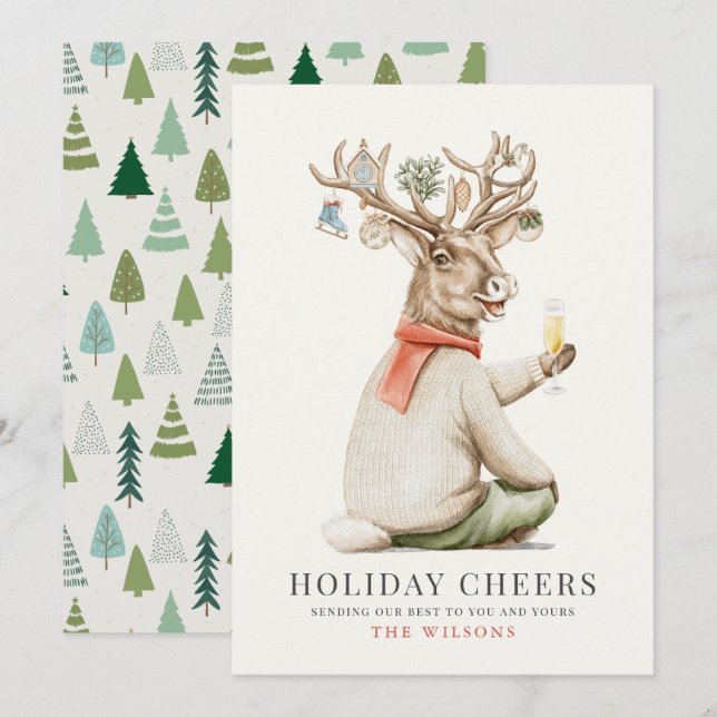 Holiday Cheers Funny Reindeer Ornaments Christmas Card (Front/Back)