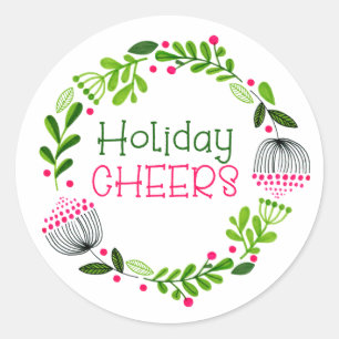 Holiday Cheers Wreath Green Foliage Pink Classic Round Sticker