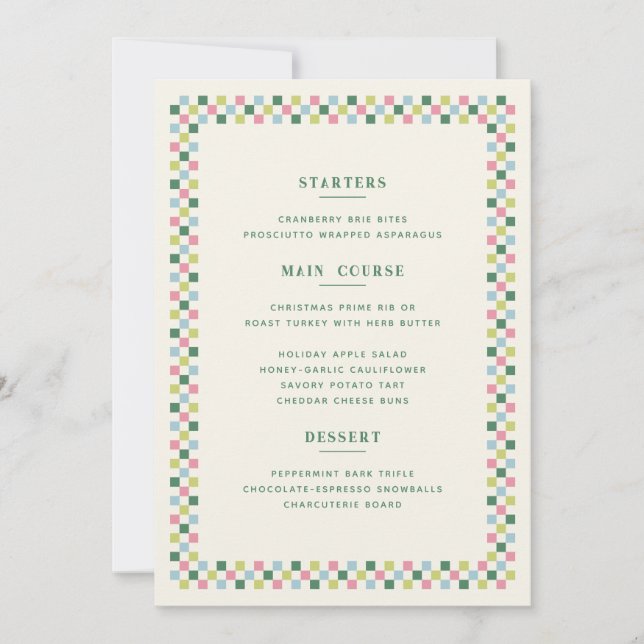 Holiday Chequerboard Christmas Menu Card - Green (Front)