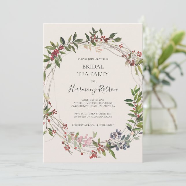 Holiday Chic Botanical Champagne Bridal Tea Party Invitation (Standing Front)