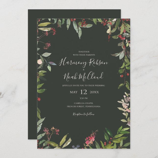 Holiday Chic Botanical | Dark Green Casual Wedding Invitation (Front/Back)