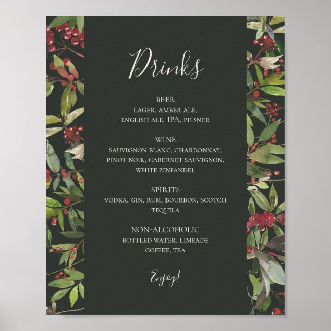 Holiday Chic Botanical | Dark Green Drinks Menu  Poster (Front)