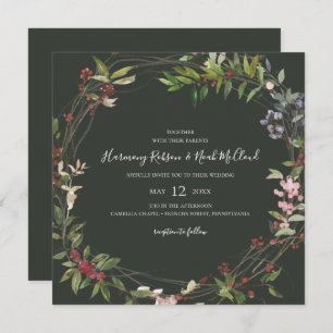 Holiday Chic Botanical Dark Green Square Wedding Invitation