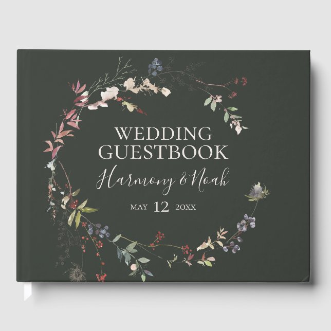 Holiday Chic Botanical | Dark Green Wedding Guest Book (Front)
