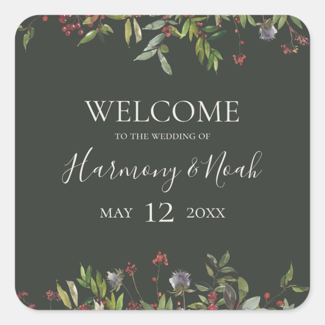 Holiday Chic Botanical Dark Green Wedding Welcome Square Sticker (Front)