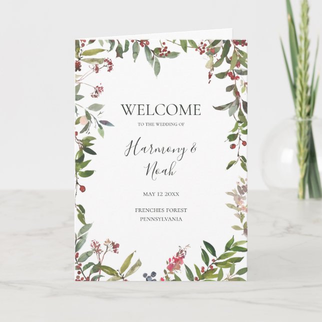 Holiday Chic Botanical | White Folded Wedding Programme (Front)