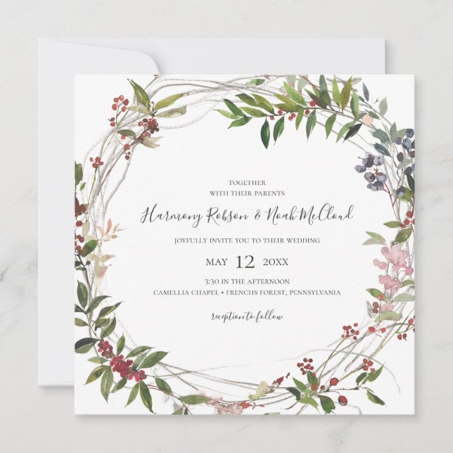 Holiday Chic Botanical | White Square Wedding Invitation (Front)