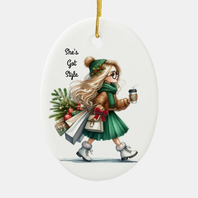 Holiday Chic Stylish Blonde Fashion Personalised  Ceramic Tree Decoration (Front)