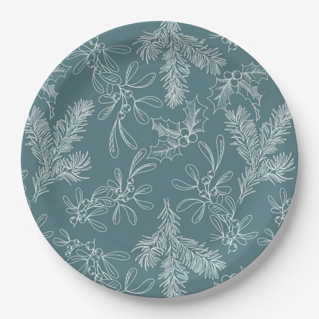 Holiday Chic Teal Floral Corporate Christmas Party Paper Plate (Front)
