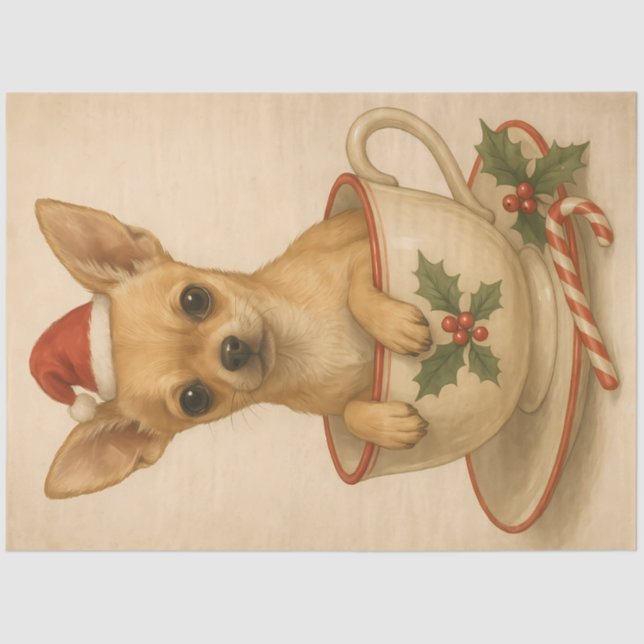 Holiday Chihuahua in Holly Teacup – Cute Christmas Tissue Paper (Front)