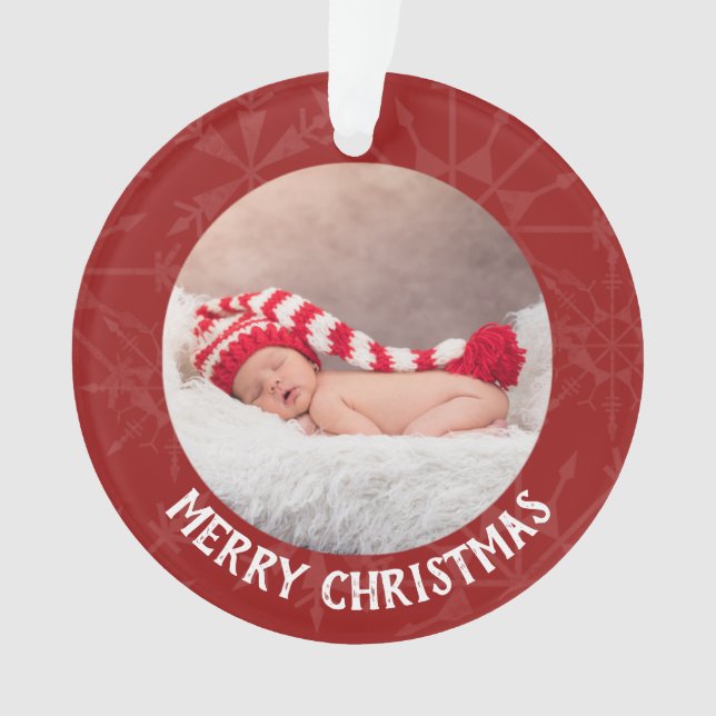 Holiday Christmas 2 Photo Year Red Snowflake Ornament (Front)