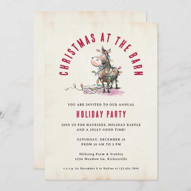 Holiday Christmas Barn Ranch Funny Pony Horse Invitation (Front/Back)