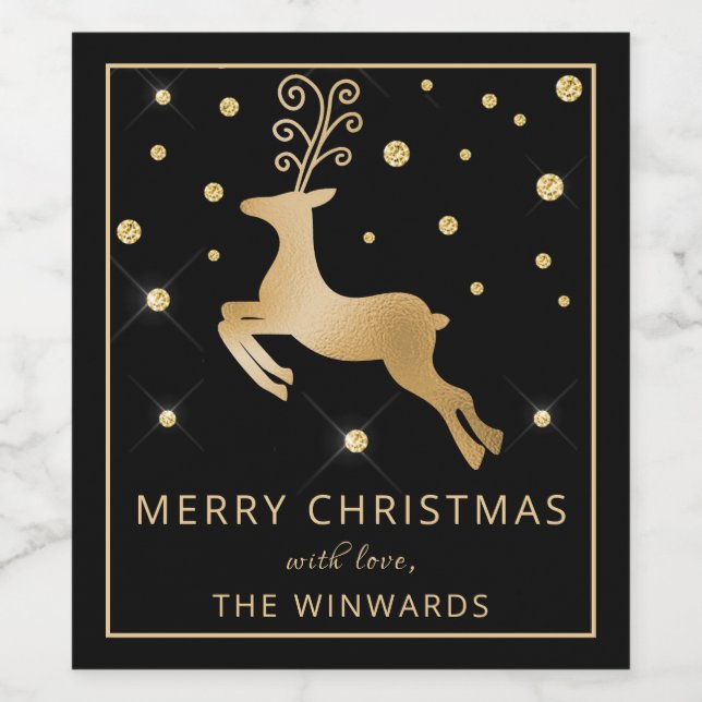 Holiday Christmas Black and Gold Foil Reindeer Wine Label (Single Label)
