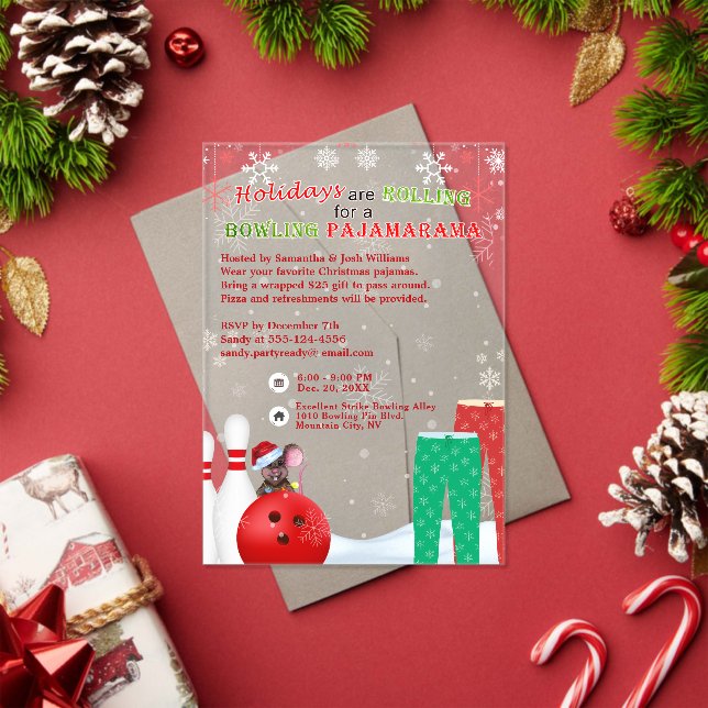 Holiday Christmas Bowling Pajama Pizza Party Acrylic Invitations (Insitu (Holiday))