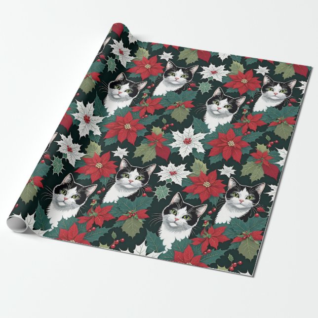 Holiday Christmas Cats And Poinsettias Wrapping Paper (Unrolled)