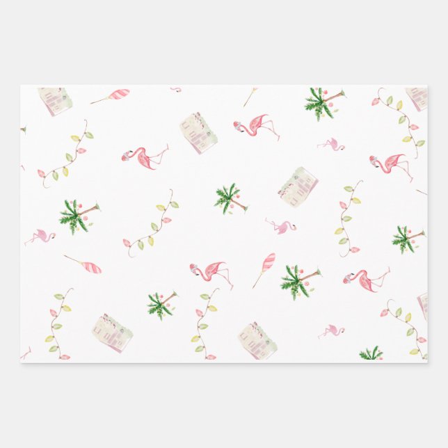 Holiday Christmas Coastal Beach Flamingo Palmtree  Wrapping Paper Sheet (Front)