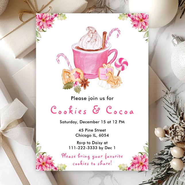 Holiday Christmas Cookies and Cocoa Pink Invitation (Creator Uploaded)