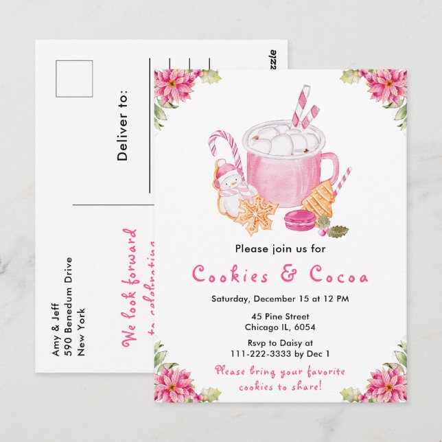 Holiday Christmas Cookies and Cocoa Pink Postcard (Front/Back)