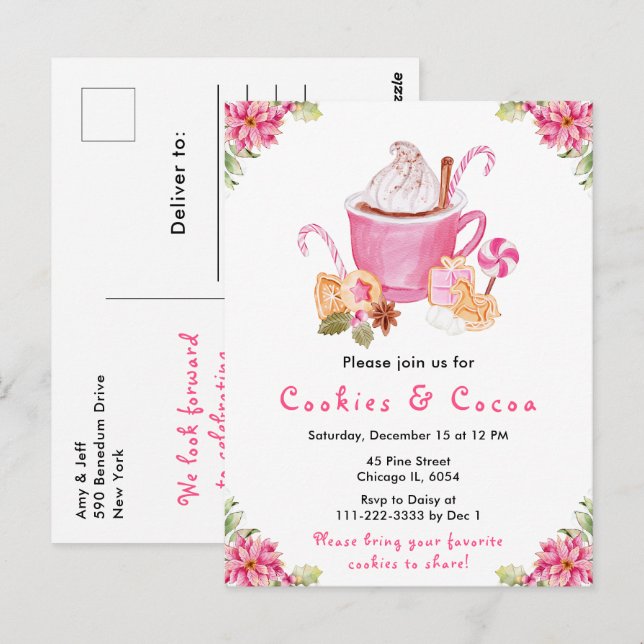 Holiday Christmas Cookies and Cocoa Pink Postcard (Front/Back)