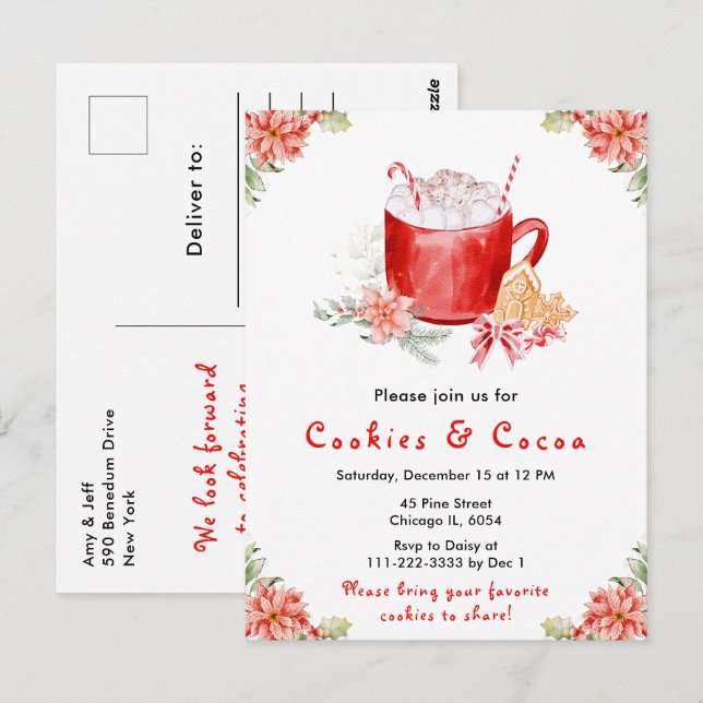Holiday Christmas Cookies and Cocoa Red Postcard (Front/Back)