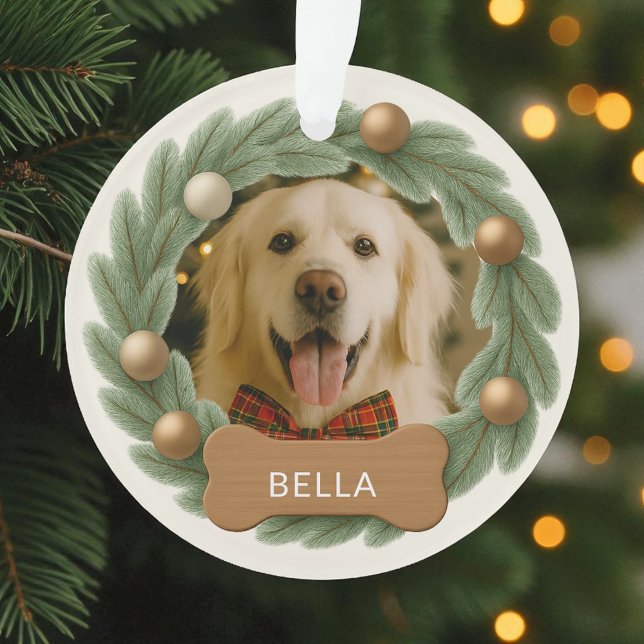 Holiday Christmas Dog Photo Wreath Custom Name  Ornament (Creator Uploaded)